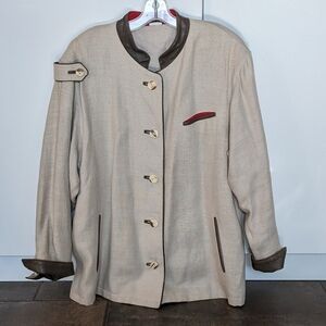 Vintage Admont Linen Leather Trim Dressy Boyfriend Blazer Jacket Beige Size 40